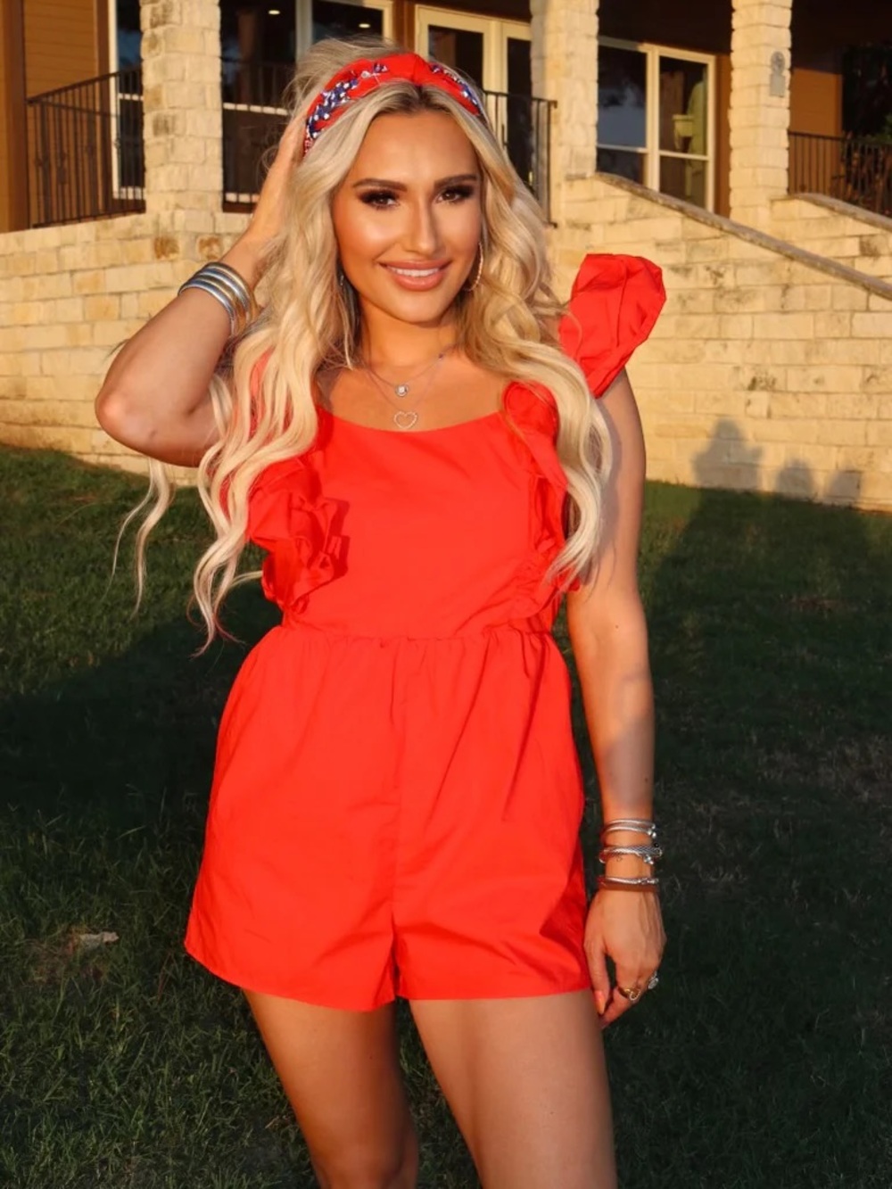 Bright Red Ruffle-Sleeve Romper - Picture 5 of 6